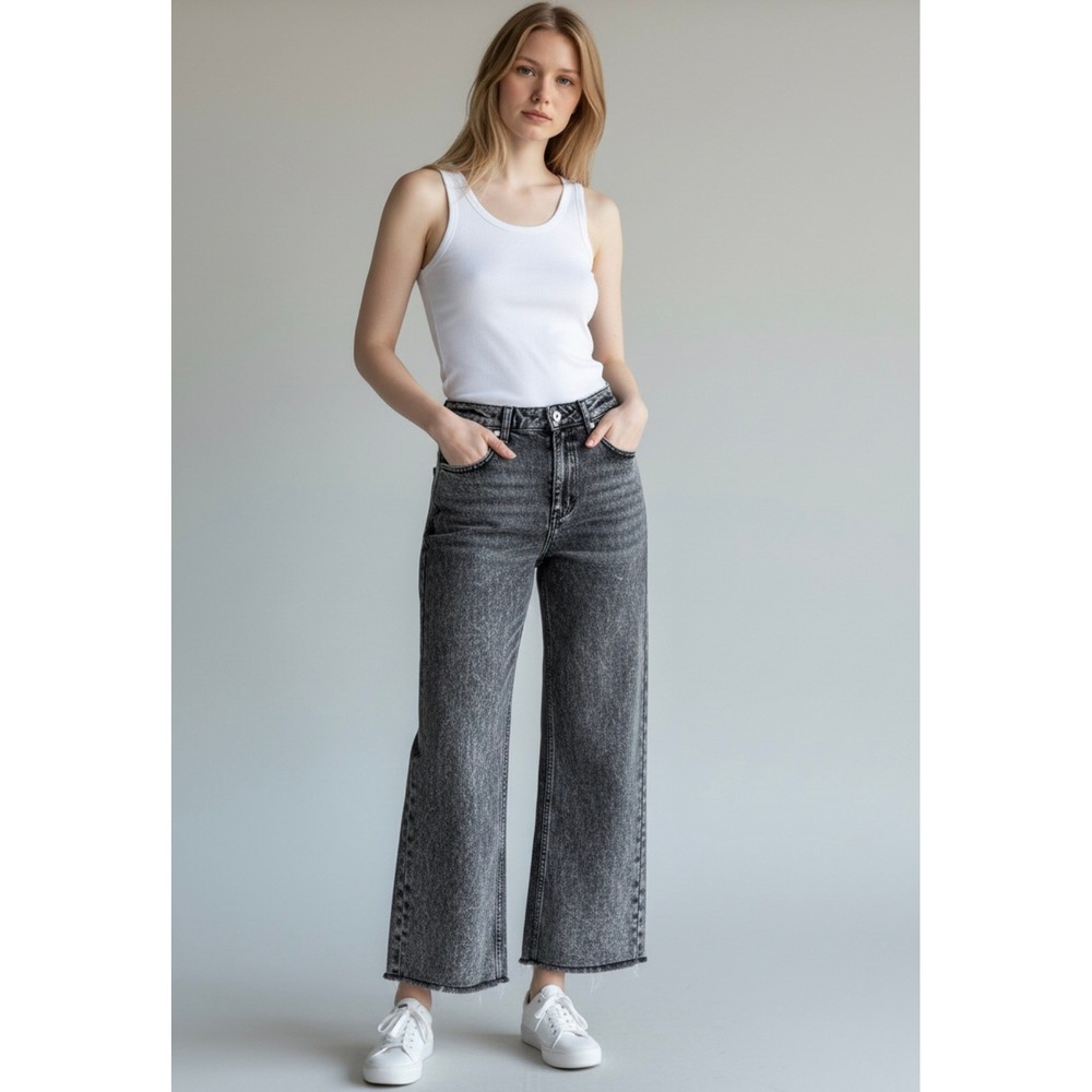 OAT New York High Rise Acid Wash Wide Leg Jeans Black Grey Size 0 25 Stone